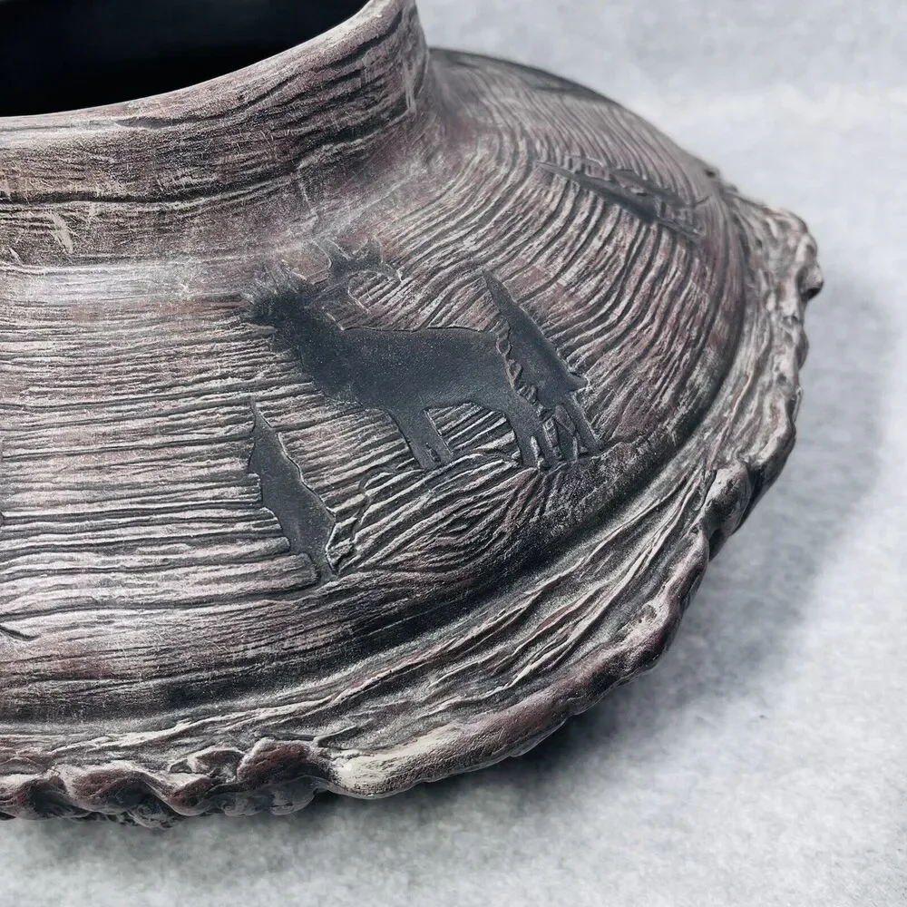 Studio Art Woodland Vase Pottery Bark Base Artist Signed‎ Cabin Elk Life Ceramic